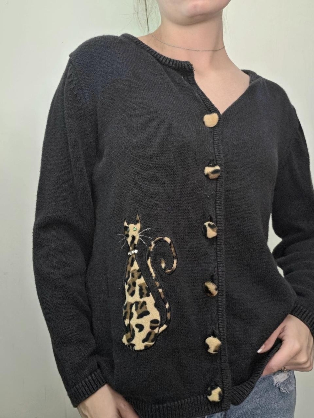 Vintage black cardigan with leopard print buttons